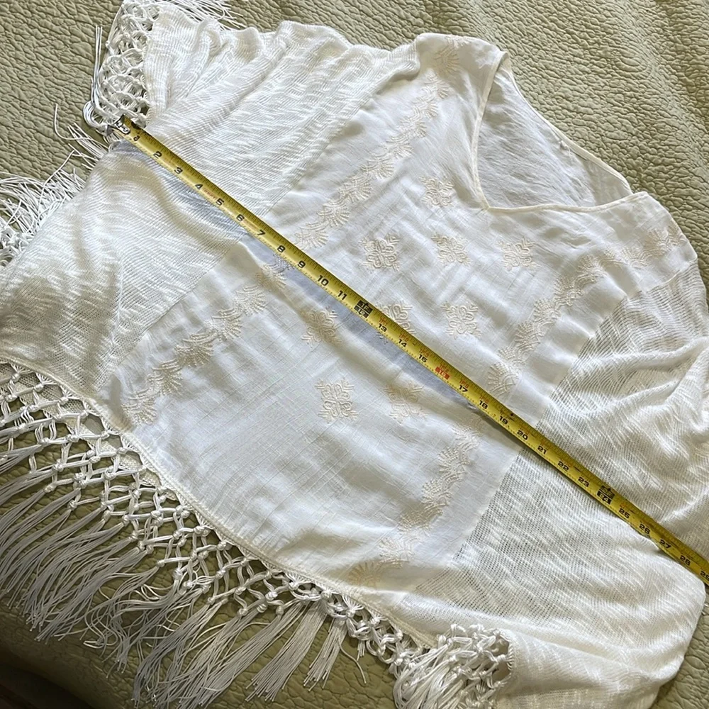 Patchwork embroidered and net silky fringed poncho